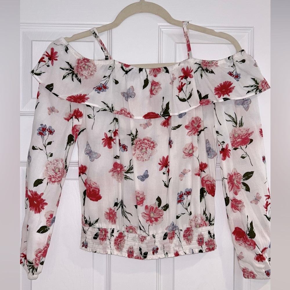 H&M Floral White Off-The Shoulder Ruffled Blouse Girls Size 12-13Y